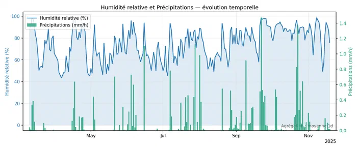 Graphique montrant l'évolution temporelle de l'humidité relative et des précipitations entre mai et novembre 2025.