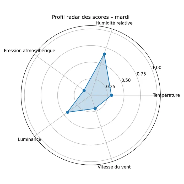 Graphique radar montrant les scores de paramètres météorologiques (humidité relative, température, pression atmosphérique, luminosité et vitesse du vent) pour la journée de mardi.