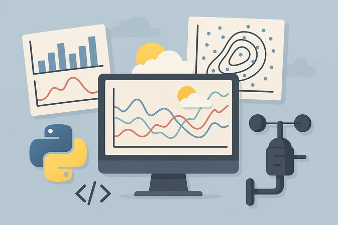 Illustration montrant un écran d'ordinateur affichant des graphiques de données météorologiques colorés, entouré de documents techniques et du logo Python.