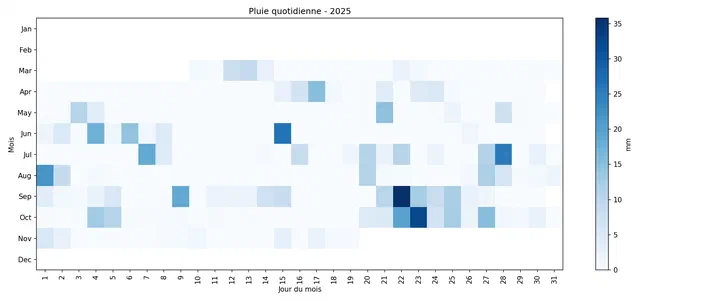 Graphique de pluie quotidienne en mm pour l'année 2025 par mois et jour.