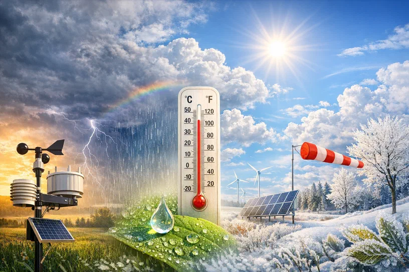Composite panoramique montrant des conditions météorologiques variées, d'un ciel clair à une tempête orageuse et un paysage gelé, avec des instruments comme une station météo, un thermomètre et un girouette.